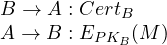 \begin{array}{l} B \rightarrow A: Cert_B \\ A\rightarrow B: E_{PK_B}(M) \end{array}