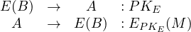 \begin{array}{cccl} E(B) & \rightarrow & A &: PK_E \\ A & \rightarrow & E(B) & : E_{PK_E}(M) \end{array}