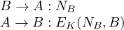 \begin{array}{l} B \rightarrow A: N_B\\A \rightarrow B: E_K(N_B, B) \end{array}