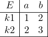 \begin{array}{c|cc|} E & a & b\\\hline k1 & 1 & 2\\k2 & 2 & 3\\\hline\end{array}