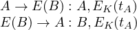\begin{array}{l} A \rightarrow E(B): A,E_K(t_A)\\ E(B) \rightarrow A: B,E_K(t_A) \end{array} 