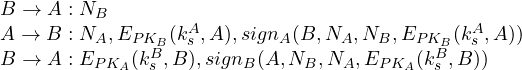 \begin{array}{l} B \rightarrow A: N_B \\ A \rightarrow B: N_A, E_{PK_B}(k^A_s,A), sign_{A}( B, N_A, N_B, E_{PK_B}(k^A_s,A)) \\ B \rightarrow A: E_{PK_A}(k^B_s,B), sign_{B}( A, N_B, N_A, E_{PK_A}(k^B_s,B))\end{array} 