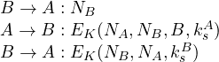 \begin{array}{l} B \rightarrow A: N_B\\A \rightarrow B: E_K(N_A,N_B,B,k_s^A)\\ B \rightarrow A: E_K(N_B,N_A,k_s^B)\end{array}