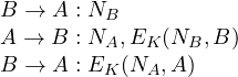 \begin{array}{l} B \rightarrow A: N_B\\A \rightarrow B: N_A,E_K(N_B,B)\\ B \rightarrow A: E_K(N_A,A)\end{array}