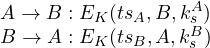 \begin{array}{l} A \rightarrow B: E_K(ts_A,B,k_s^A)\\B \rightarrow A: E_K(ts_B,A,k_s^B) \end{array}