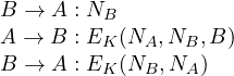 \begin{array}{l} B \rightarrow A: N_B\\A \rightarrow B: E_K(N_A,N_B,B)\\ B \rightarrow A: E_K(N_B,N_A)\end{array}