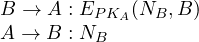 \begin{array}{l} B\rightarrow A: E_{PK_A}(N_B,B) \\ A\rightarrow B: N_B \end{array}