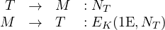 \begin{array}{rclll} T & \rightarrow & M &: N_T \\{M} & \rightarrow& {T} & : {E_K(1\mbox{E}, N_T)} \end{array} 