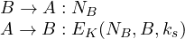 \begin{array}{l} B \rightarrow A: N_B\\A \rightarrow B: E_K(N_B, B,k_s) \end{array}