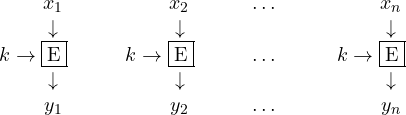 \begin{matrix} x_1 & x_2& \ldots ~~~~~~& x_n\\\downarrow& \downarrow&&\downarrow\\k\rightarrow\fbox{E}~~~~~~&k\rightarrow\fbox{E}~~~~~~&\ldots~~~~~~&k\rightarrow\fbox{E}~~~~~~\\\downarrow&\downarrow& &\downarrow\\y_1 & y_2 & \ldots ~~~~~~& y_n\end{matrix}